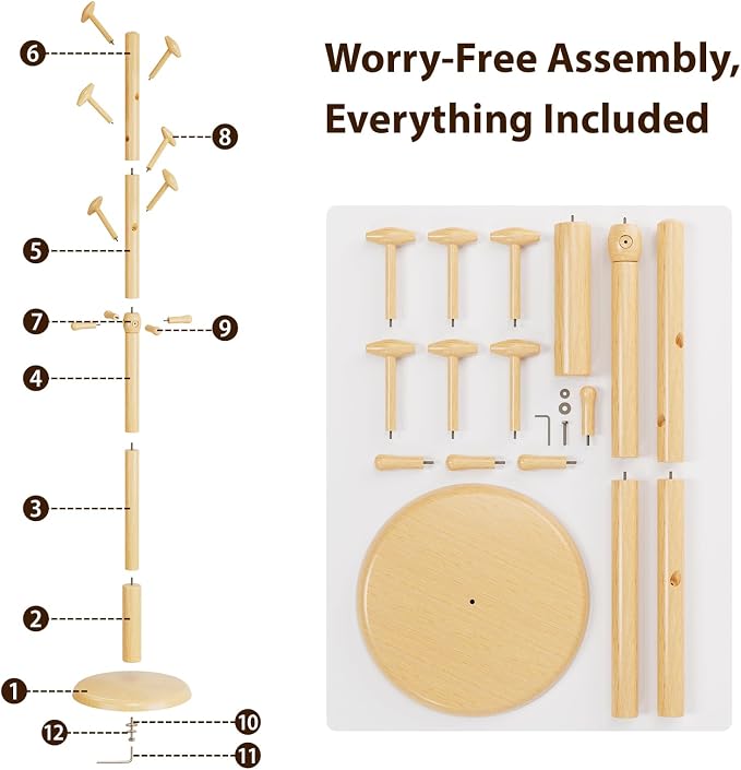 Taitiy Solid Wood Coat Rack Freestanding Coat Tree with 10 Hooks for Bedroom, Livingroom, Entryway, Sturdy Coat Hanger Stand for Hats, Coats, Scarves, Handbags, Purses