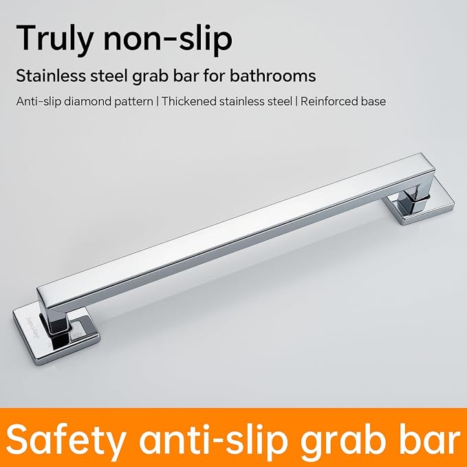 Joyrain ADA Square Grab Bar 16/24/32 Inch - 500lb Capacity Safety Rail for Elderly, Non-Slip Bathroom Handle (Chrome, 18 inch)