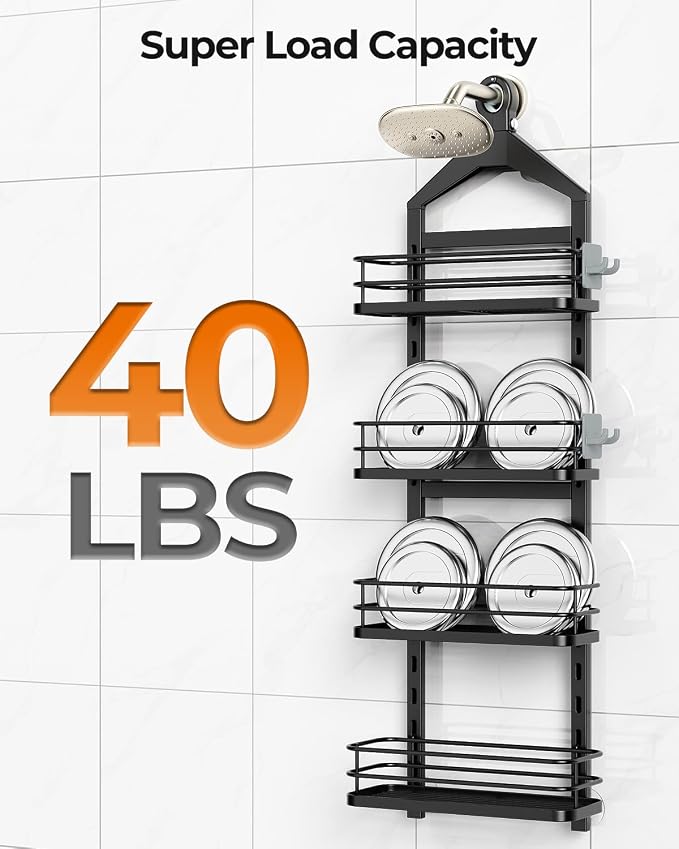 ODesign 4 Tier Height-Adjustable Shower Caddy Hanging Anti-Swing-Over The Shower Head Caddy-Sho wer Storage Organizer Bathroom Shelves Basket Caddies-Black