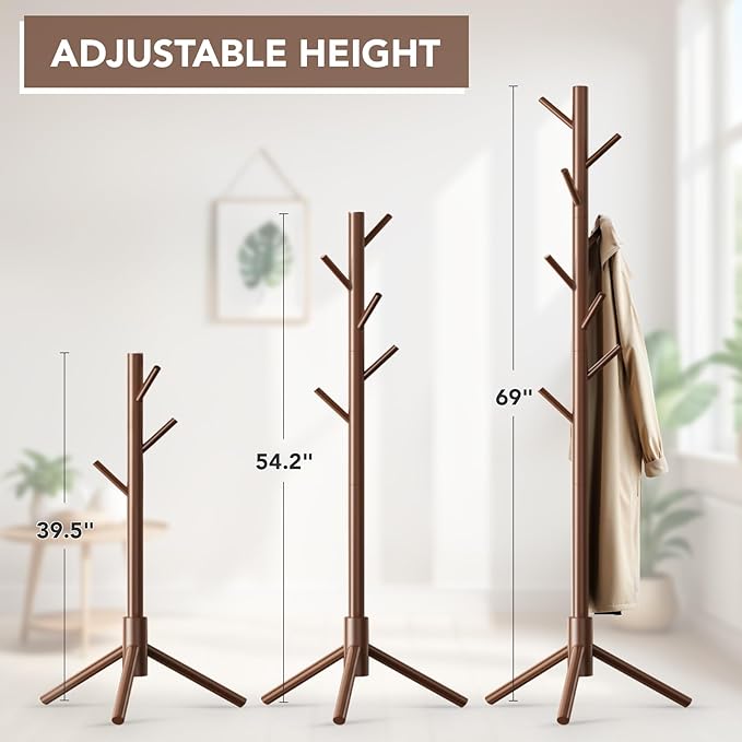 Hupmad Wooden Tree Coat Rack Stand,Sturdy Freestanding Coat Rack with 8 Hooks,3 Adjustable Height for Child Adult,Wood Coat Stand Tree Fits Entryway Bedroom Office for Bags,Hats, 2 Pack
