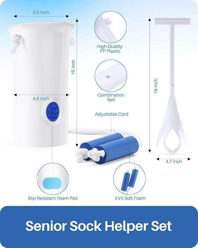 Jellas 4.6 Inch Wide Sock Aid Kit - Long Rope Assist Device for Seniors, Limited Mobility, Post-Surgery | No Bend Sock Helper & Remover | Easy On/Off Socks Tool (White)
