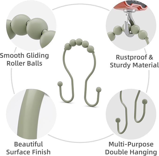 Bathway Sage Green Shower Curtain Hooks Shower Curtain Rings Rust Proof Sturdy Metal Double Shower Curtain Hooks, Shower Hooks for Shower Curtain Bathroom Shower Rod Hooks Hangers