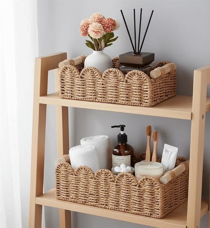 CubesLand Toilet Paper Storage Organizer Basket, Scalloped Decorative Baskets for Over Toilet Shelves, Wicker Small Basket Perfect for Home Countertop Storage & Decor, Living Room Shelf Decor, Neutral