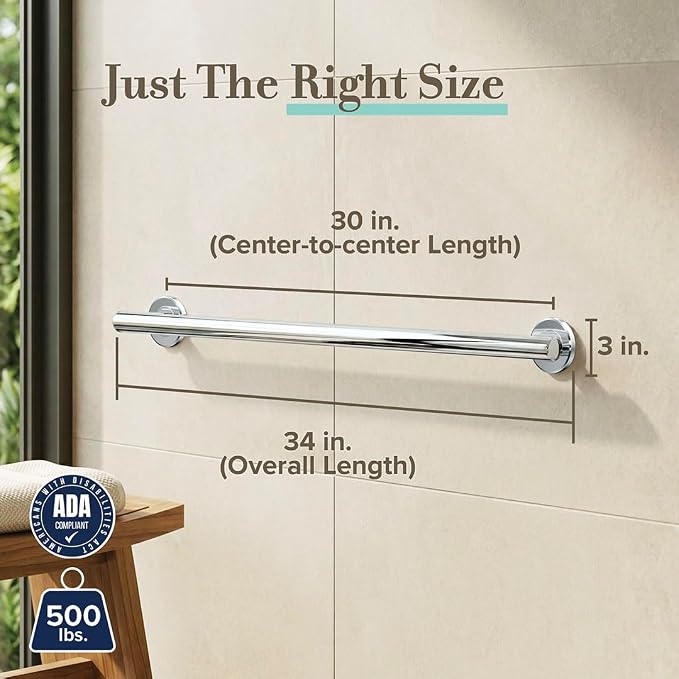 Gatco 856A Latitude II 30" Grab Bar, Chrome/ADA Compliant Wall Mount Stainless Steel 30" Safety Grab Bar for Bathroom