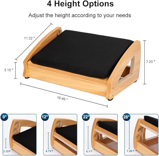 StrongTek Wood Ergonomic Footrest - 4-Angle Adjustable Foot Stool for Desk, Office Footrest, Anti-Slip Foot Stand for Under Desk, Enhances Posture, Promotes Blood Circulation, Easy Assembly (Natural)