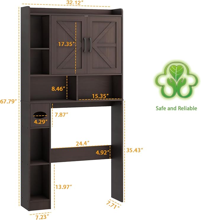 Vabches Over The Toilet Storage Cabinet, Farmhouse Storage Cabinet Over Toilet with 2 Barn Door & Toilet Paper Holder Stand，Home Space-Saving Toilet Rack, for Bathroom, Restroom, Laundry.Caramel