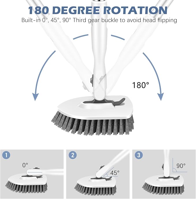 SetSail 4-in-1 Tile Tub Floor Scrubber with 52-inch Long Adjustable Handle Shower Cleaner Brush with V-Shaped Grout Brush and 3 Replacement Brush Heads for Bathroom Kitchen Walls Tub Tile, White Grey