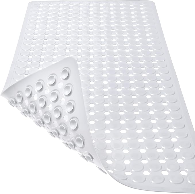 TEESHLY Bath Mat for Tub & Shower, Non Slip Soft Bathmat with Suction Cups & Drain Holes, Machine Washable Bathtub Floor Liner Mats for Bathroom, 35x16 Inch, White