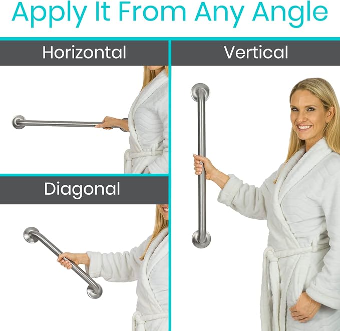 Vive Grab Bar for Showers - Bathroom Antislip Handrail for Seniors, Elderly Assistance Product, Heavy Duty Shower Handles, Handicap Grab Bars, Stainless Steel, Multipurpose, 440 lbs (Brushed Nickel)