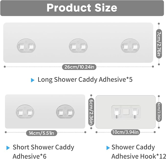 23 Pack Shower Caddy Replacement, Strong Adhesive Strips for Shelf, Waterproof Wall Hooks, No Drilling, Transparent, for Bathroom Organizer and Kitchen Racks