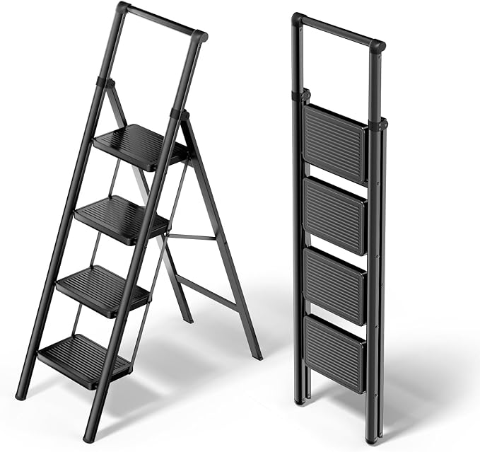 WOA WOA Step Ladder for Home, Foldable Step Stool for Kitchen with Non-Slip Pedals, Sturdy Ladders Supports up to 330 lbs, Compact and Portable - 4 Step with Handle/Black