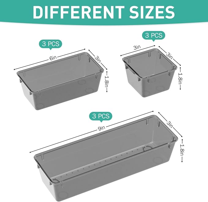 WOWBOX 9 Pack Clear Drawer Organizer Set, Acrylic Drawer Storage Trays, Storage Bins for Makeup, Cosmetics, Jewelries, Utensils, Gadgets, Office, Black