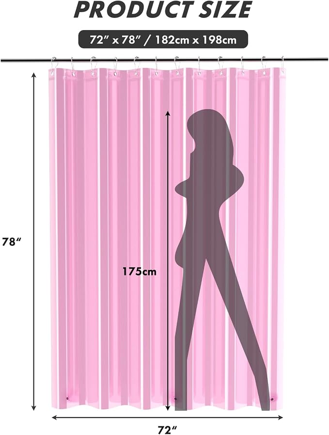 AmazerBath 72x78 Long Shower Curtain Liner, Clear Pink Plastic Shower Liner, Waterproof PEVA Shower Liners, Cute Lightweight Shower Curtains for Bathroom with 3 Magnets & 12 Rustproof Grommets
