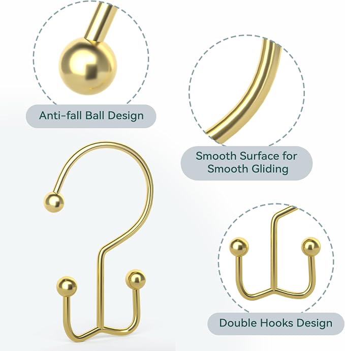 24 Pcs Shower Curtain Hooks, Goowin Shower Curtain Rings, Durable Gold Shower Curtain Hooks, Double Glide Shower Curtain Rings Rust Proof, Simple Shower Hooks for Shower Curtain & Liner, Gold