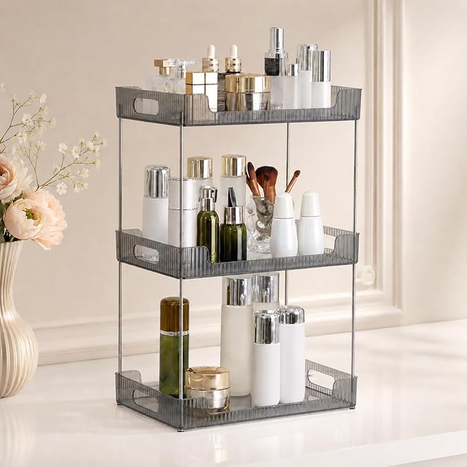 Goderewild Bathroom Counter Organizer, Multi-Purpose Cosmetics Skincare Shelf, Makeup Organizer for Vanity Tray, Countertop Storage Solution for Kitchen and Bath. (Smoky Gray, 3-Tier)
