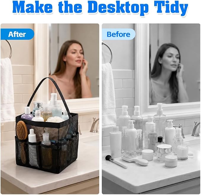 Mesh Shower Caddy Portable for College Dorm Room Essentials, Large Capacity Shower Caddy Dorm Bag with 9-Pockets, Quick-Dry Toiletry Organizer for Gym Beach Camping Travel Bathroom, Black