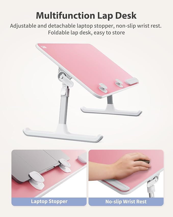 SAIJI Height & Angle Adjustable Laptop Stand for Bed, Lap Desk Bed Tray Table, Light Weight Foldable Portable Laptop Table for Couch Sofa Chair Floor Desk for Adults, Kids (Pink)