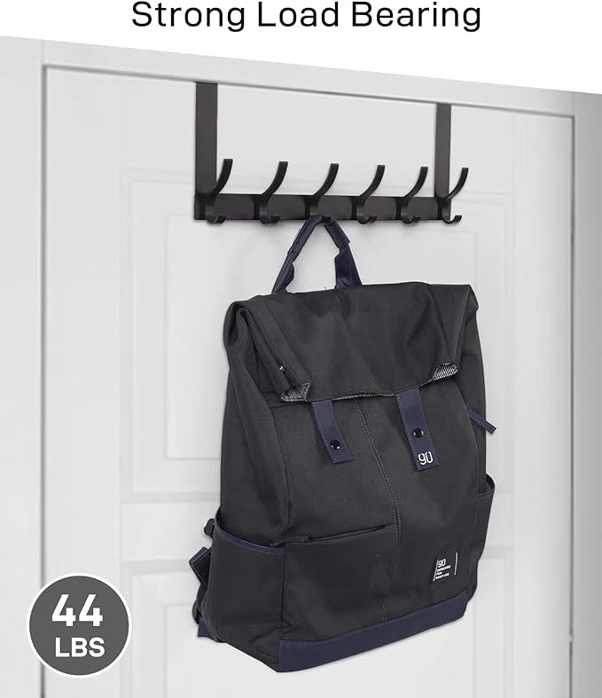 Optish Over The Door Hooks, Door Hanger Hooks for Hanging, Towel Racks for Bathroom with 12 Coat Hook, Coat Rack College Dorm Essentials Bathroom Accessories（1 Pack, Black）