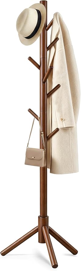 Wooden Coat Rack Freestanding with 8 Hooks & 3 Adjustable Sizes for Clothes, Space-Saving Design for Bedroom Office Entrance Holds Hats Coats Scarves Bags