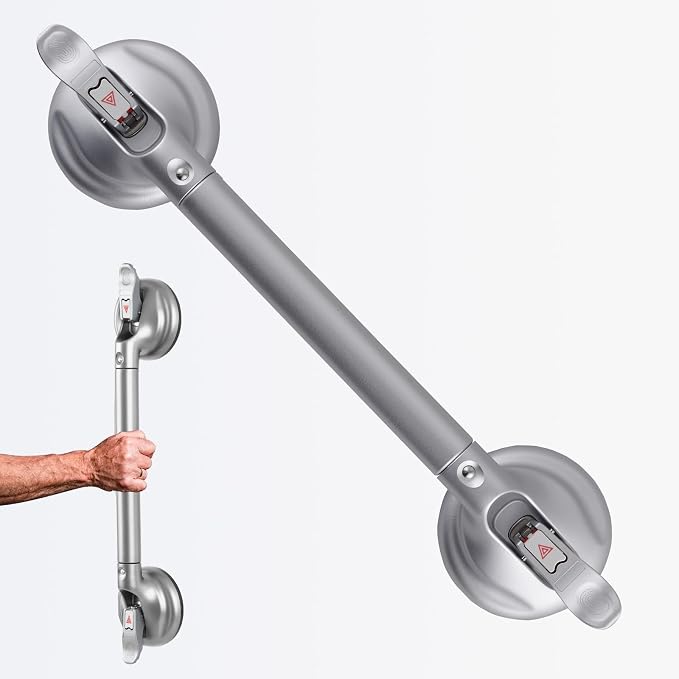 Heavy Duty Suction Shower Grab Bar - Toilet Bathroom Bathtub Safety - Shower Handles, Suction Cup Power Up to 250 LB, Perfect for Elderly Seniors(18.5 Inch, Gray Silver) ver
