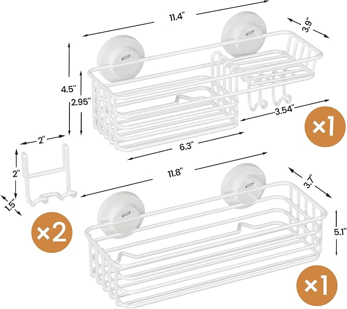LEVERLOC Shower Caddy Suction Cup, 2 Pack Shelves for Inside with Hooks and Soap Holder, NO-Drilling Bathroom Organizer, Rustproof Meatl Bathroom Holder, White