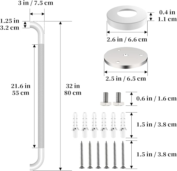 White Grab Bar 32 Inch, iHansee Anti-Slip Bathroom Grab Bar w/Knurled Grip, Stainless Steel Safety Handrail for Toilet Bathtub Shower, Wall Mounted Handicap Bars Handle for Senior Elderly
