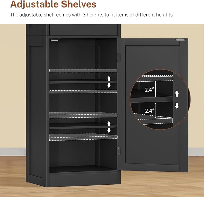 TEENFON Tall Storage Cabinet with 3 Door Shelves & 1 Drawer, Narrow Kitchen Pantry Cabinet for Living Room, Bathroom, Entryway, Black