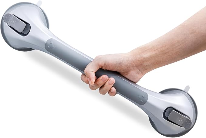 LEVERLOC Grab Bars for Bathtubs and Showers, Shower Handle 17 Inch Strong Suction Bath Handrails, Safety Grip for Bathroom Chair, Bathroom Grab Bar for Senior No Drilling Waterproof,Silver
