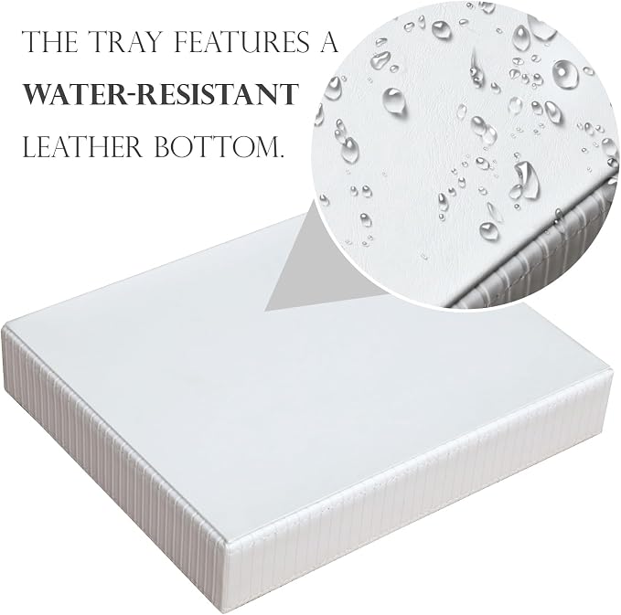 HofferRuffer Faux Leather Vanity Tray, Elegant Desktop Storage Organizer, Decorative Catchall for Perfume, Bathroom Valet, Nightstand or Dresser, 10.2 x 8.4 x 1.8 inches (White Stripe)