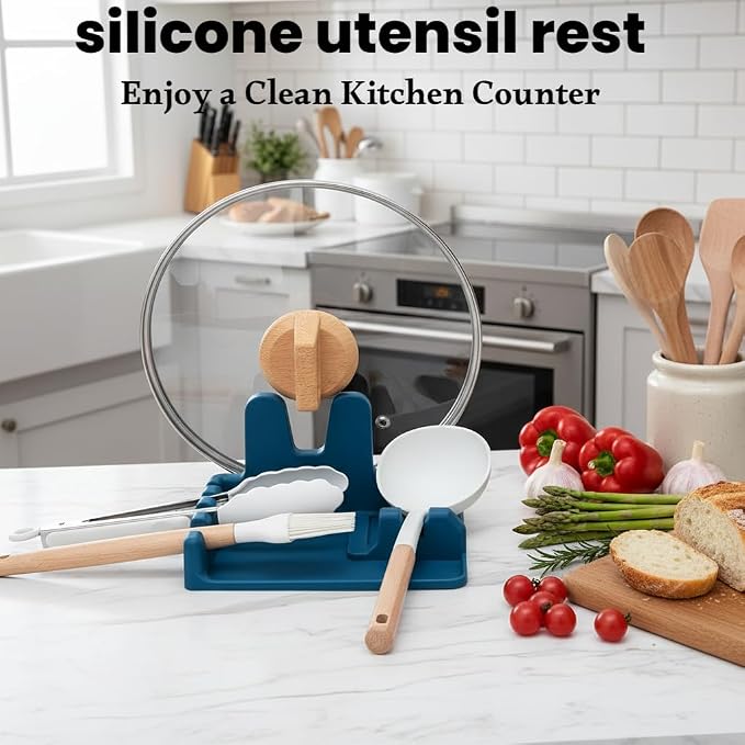 Auoon Silicone Spoon Rest with Lid Holder - 3 in 1 Kitchen Utensil Rest for Soup Ladles, Pot Lids, Spatulas, Spoons, Tongs, BPA Free & Dishwasher Safe, 8.26 x 8.06 Inch (Fog Blue, Large)