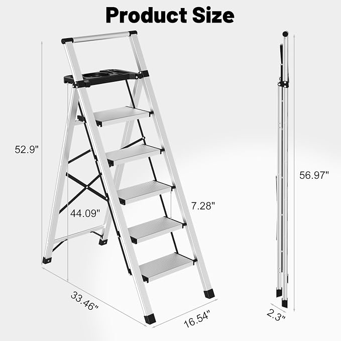 5 Step Ladder with Tool Tray - 600lbs Heavy Duty Lightweight Step Stool with Extended Handrails, Work Platform for Home Maintenance & DIY Projects