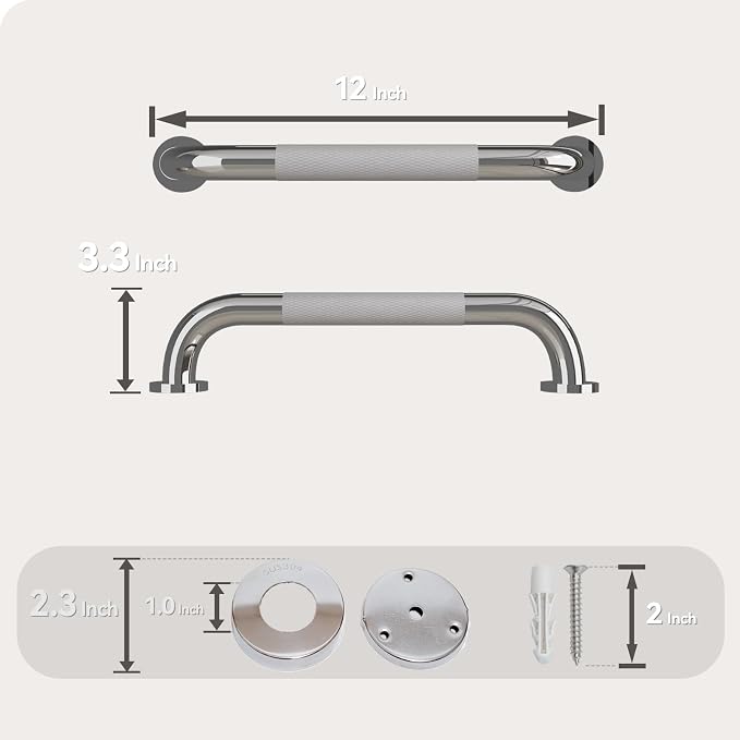 Shower Grab Bar, 12 Inch Bathroom Grab Bar Handle with Anti-Slip Knurled Grip, Stainless Steel Bath Balance Bar, Bath Safety Bar Support for Seniors Pregnant, Polished Chrome-1PCS