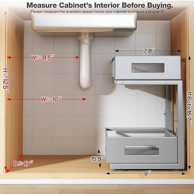 Under Sink Organizer,2-Tier Dual Pull Out Cabinet Organizer Drawers With Smooth Circular Rail,Large Capacity Metal Mesh Sliding Shelves For Bathroom& Kitchen Storage,Height Adjustable–Gun Gray,2 Packs