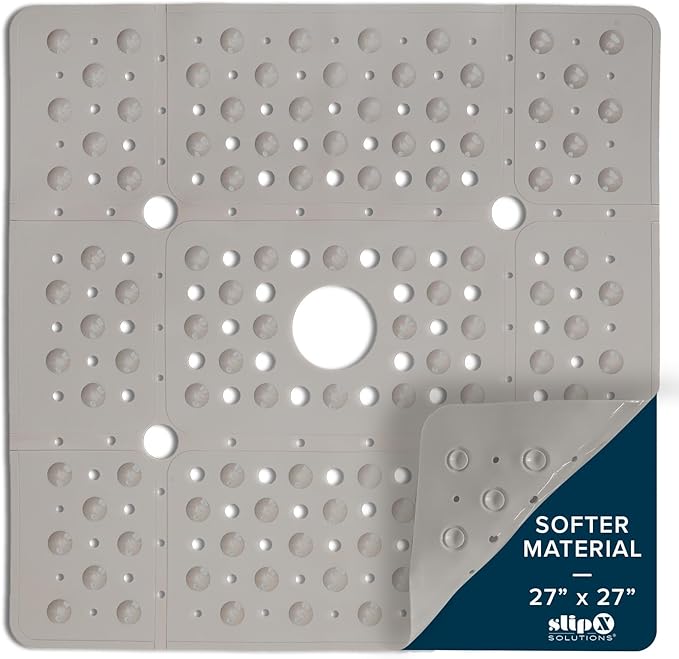 SlipX Solutions 27" Oversize Square Shower Mat, Non-Slip Mat for Elderly & Kids, 100+ Power Grip Suction Cups for Smooth Surfaces, Machine Washable, Solid Tan
