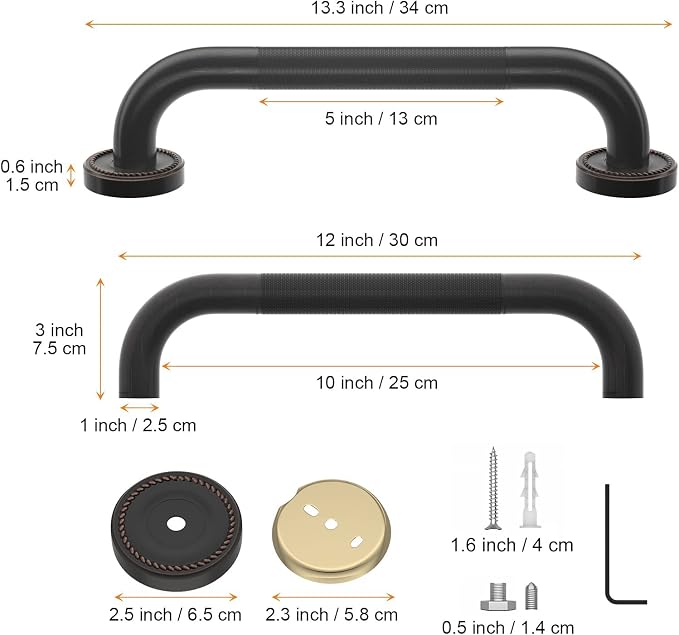 2 Pack 12 Inch Anti Slip Shower Grab Bar Oil Rubbed Black Bronze, ZUEXT Antique Brass Bathroom Grab Bar, Knurled Bath Balance Bar, Safety Handrail Support, Handicap Elderly Senior Assist Bath Handle
