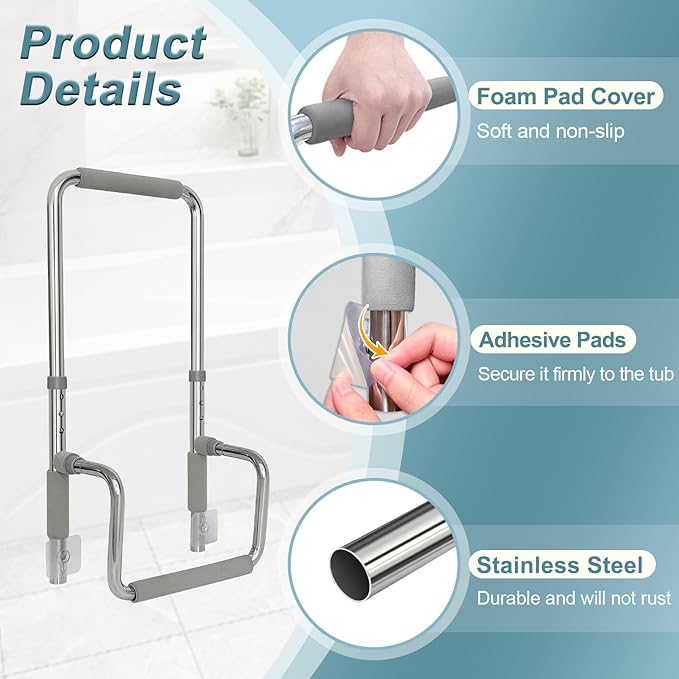 Bathtub Rails for Seniors Shower Grab Bars Clamp on Tub Rail Bath Tub Handles Heavy Duty Safety Support Bar Handicap Tub Bar for Elderly Help Getting Out of Bathtub No Drill Bathroom Grip Bars Devices