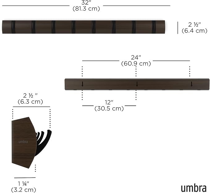 Umbra Flip Wall-Mounted Coat Rack with 8 Hooks – Modern, Space-Saving Storage for Hats, Jackets, Bags, Entryway, Mudroom, Closet, Bathroom, Bedroom – Black/Walnut