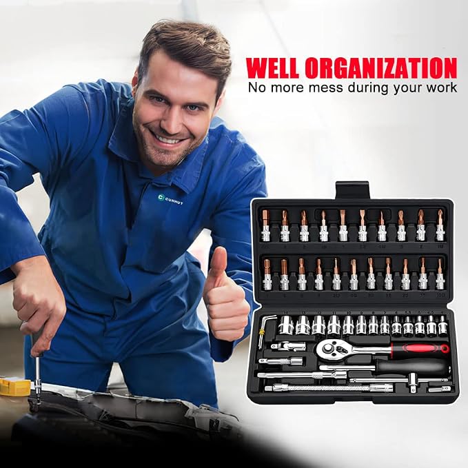 46 PCS Socket Wrench Set, Mechanic Tool Kit Quick-release Ratchet, 1/4" Drive Bit Metric Combination Tools for Auto Repairing & Household with Storage Case