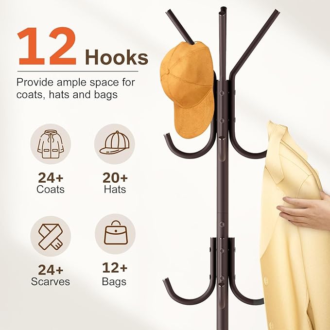 MISSLO Heavy Duty Coat Rack Freestanding with Stable Wood Base Modern Brown Coat Tree with 12 Hooks Adjustable Coats Hanger Stand Stylish Standing Clothes Tree for Entryway Bedroom Corner Hall