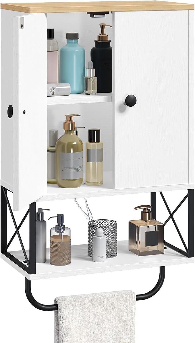 MAHANCRIS Bathroom Wall Cabinet with 2 Door and Adjustable Shelf, Medicine Cabinet with Towel Rack, 3-Tier Wall Mounted Storage Cabinet Over The Toilet for Bathroom Laundry Room, White and Natural