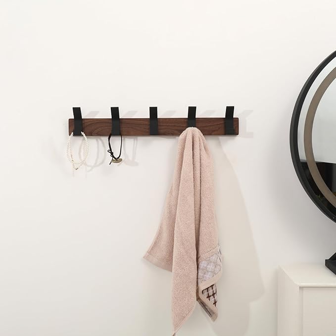 Coat Rack Wall Mount - 16.9 Inches Coat Rack Wall Mount with 5 Hooks Walnut Wood Coat Hooks Wall Mounted Rustproof Coat Hanger Black Aluminum Wall Hooks for Hanging Coat Hat Backpack Key