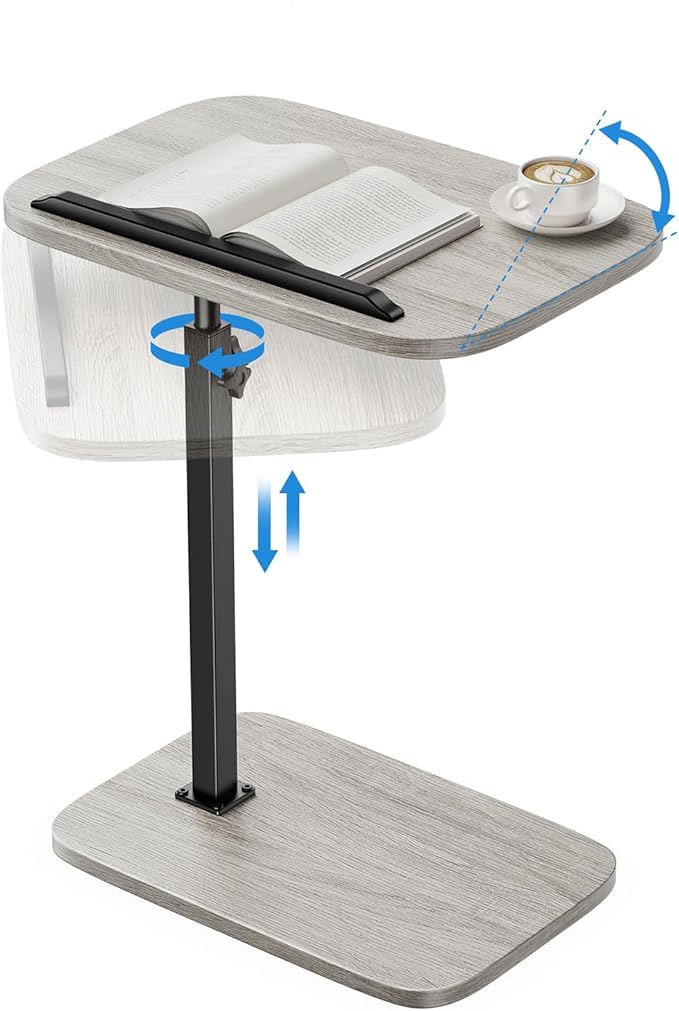 HUANUO TV Tray Table，Adjustable Height TV Tray with 360° Swivel & 90° Tilt, Sturdy Side Table with Anti-Slip Bar for Laptop, Eating, Space-Saving Side Table for Couch, Bedside, Living Room