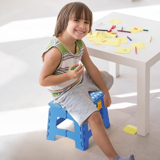 Korpai 9" Folding Step Stool for Adults and Kids Holds Up to 300 lbs,Non-Slip Folding Stools with Portable Handle, Compact Plastic Foldable Step Stool for Bathroom,Bedroom, Kitchen,Sky Blue,1PC