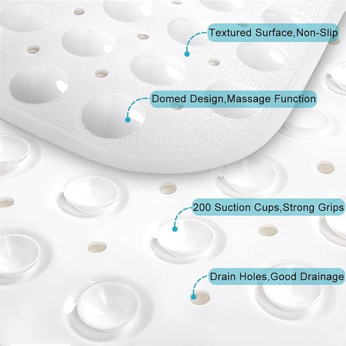 Bathtub and Shower Mats, Extra Long Non-Slip Bath Tub Mat 39 x 16 Inch, Machine Washable Bathmat with Suction Cups & Drain Holes for Bathroom Floor, White