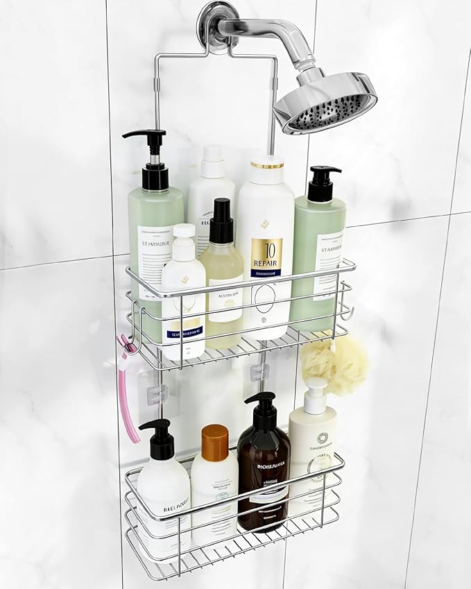 Hanging Shower Caddy, Stainless Steel, 2-Tier Bathroom Organizer Rack over Shower Head with 2 Hooks for Razor and Sponge