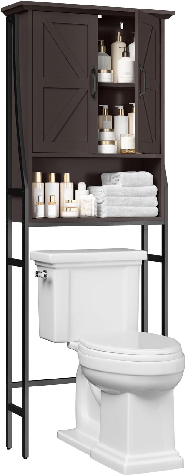 Over The Toilet Rack for Bathroom, Over The Toilet Storage Cabinet, Over Toilet Bathroom Organizer with Double Barn Doors Space Saver Rack Above Toilet Storage Cabinet (Espresso)