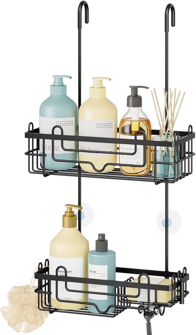 Consumest Over the Door Shower Caddy - 2-Tier Hanging Shower Organizer with Soap Holder, Rustproof Bathroom Storage and Organizer Rack for Shampoo, Towels, and Toiletries, Black