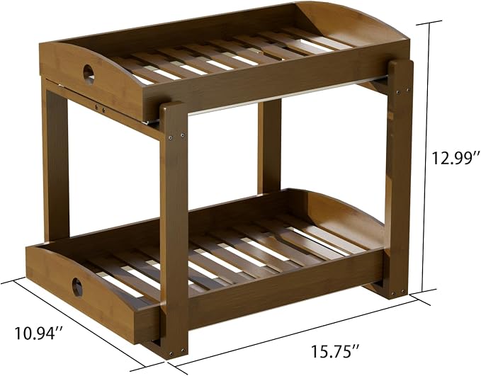 Bamboo Wood Under Sink Organizer 1 Pack, Pull Out Cabinet Organizer 2 Tier Under Sink Organizers and Storage w/Sliding Drawer Sturdy Easy Assembly for Kitchen Bathroom Undersink (Walnut, 2 Packs)