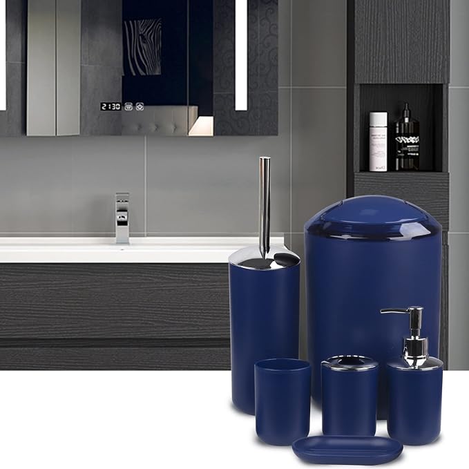 CERBIOR Bathroom Accessories Set 6 Piece Bath Ensemble Includes Soap Dispenser, Toothbrush Holder, Toothbrush Cup, Soap Dish for Decorative Countertop and Housewarming Gift (Royal blue-6pcs)
