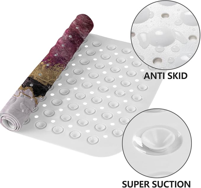 LNOND Marble Bath Tub Mat Non Slip, Extra Long 40 X 16 Inch Anti Slip Mat for Bathtub, Pink Gold Marble Shower Mat with Drain Holes and Suction Cups, Machine Washable